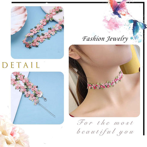 Boho Flower Lace Choker Necklace Pink Rose Choker Chain Vintage Floral Choker Collar Jewelry for Women Teen Girls...