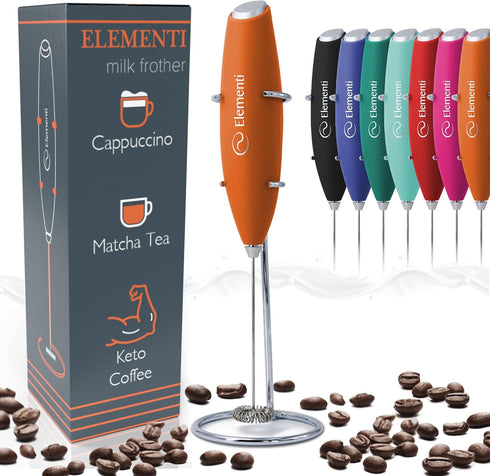 Elementi Handheld Milk Frother with Stand - Mini Mixer for Powder Drinks - Handheld Frother for Coffee - Electric Wisk - Hand Mixer Cordless - Spe...