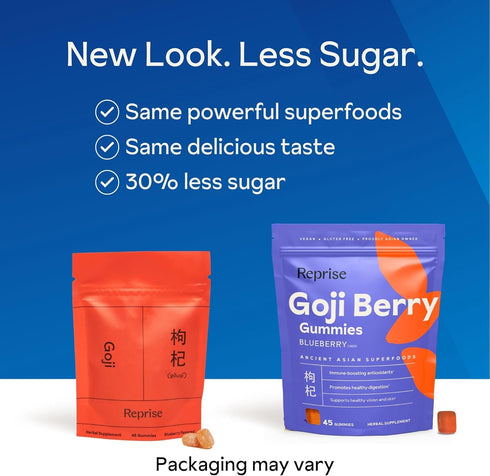 Reprise Goji Berry Superfood Gummies - All-Natural Antioxidant, Digestion, 240 mg Full-Potency, Low-Sugar, Vegan, 45 Blueberry Flavored Gummies...