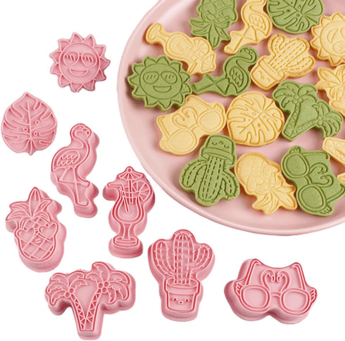 Cactus Cookie Cutter with Plunger Stamps,8 Piece Tropical Beach Themed Biscuit Cutter,3D Pineapple, Flamingo, Monstera Leaf and Palm Tree-Cracker ...