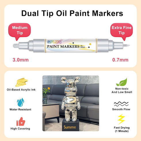 Permanent Paint Pens, 4 Pack Dual Tip Oil Based Paint Markers (0.7mm&3mm), Waterproof, Quick Dry, Fine Tip Paint Pens for Rock Painting, Wood, Pla...