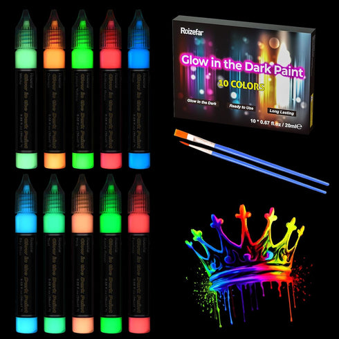 Roizefar Fabric Paint, 10 Colors Glow in the Dark Paint, 3D Permanent Acrylic Textile Paint (20 ml/0.68 oz), Neon Craft Painting Fabric Paint for ...