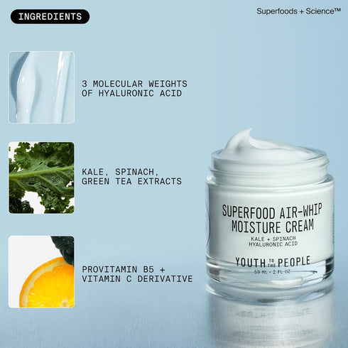 Youth To The People Air-Whip Moisture Face Cream - Gel Moisturizer & Face Primer - Lightweight Green Tea + Hydrating Hyaluronic Acid Moisturizer f...