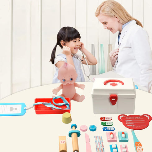 Doctor Kit for Kids - 17 Pcs Wood Medical Pretend Play Toys with Storage Box, Stethoscope and Other Accessories for Fun Role Playing Game Party Gi...