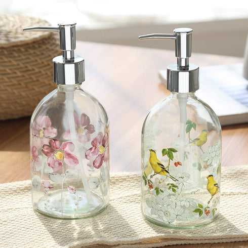 17oz Flower Glass Soap Dispenser Bottle with Plastic Pump,Set of 2...