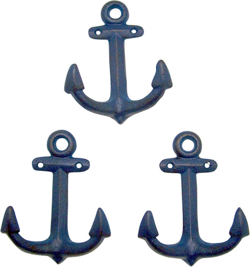 Wowser Nautical Cast Iron Ship Anchor Wall Hooks, 6 Inches, Set of 3 (Blue)...