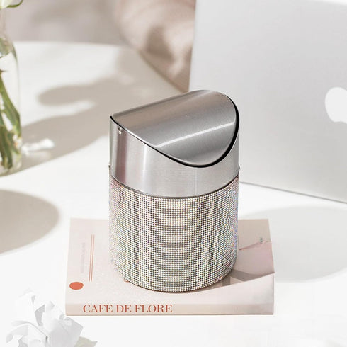 ZOOFOX Countertop Trash Can, 1.5 Liter Bling Rhinestone Garbage Bin with Swing Lid for Home, Office, Vanity Tabletop, Bedroom, Bathroom...