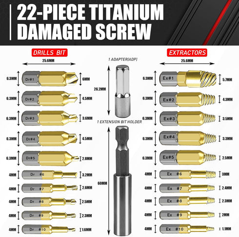 C&T 22-Piece Titanium Damaged Screw Extractor Set, Stripped Screw Extractor Kit, Magnetic Extension Bit Holder & Socket Adapter, All-Purpose HSS R...