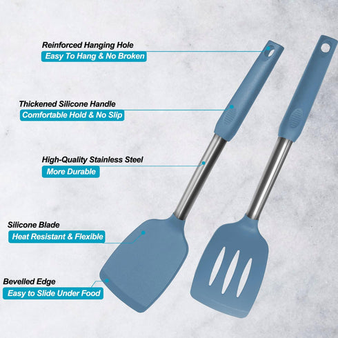 2 Pack Spatulas, Solid & Slotted Silicone Spatula Set, Stainless Steel Handle Coated with Silicone, Non Stick, Heat Resistant Rubber Flipper for F...