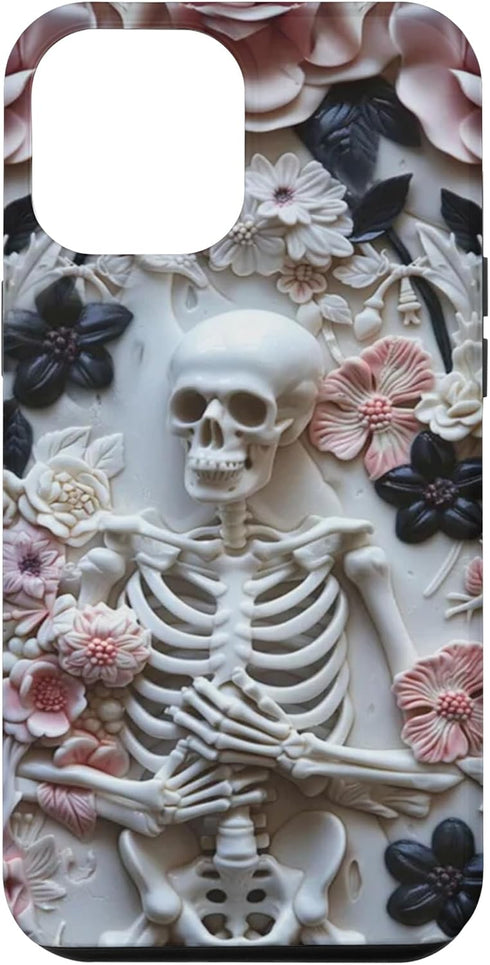 iPhone 15 Plus Whimsigoth Skeleton - Pink - Black Floral Skull Roses Case...