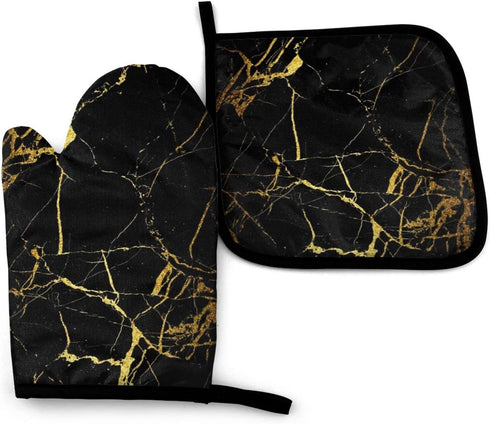 Black Gold Marble Oven Mitts and Pot Holders Heat Resistant Oven Gloves Safe Cooking Baking Grilling...