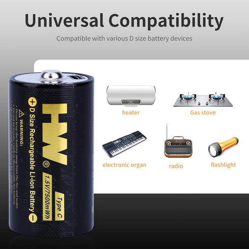 HW USB-C Rechargeable 1.5V Lithium D Batteries, 2-Pack 5000mAh/7500mWh Fast Charging with Over 1000 Cycles D Cell Long Lasting Lithium Batteries f...