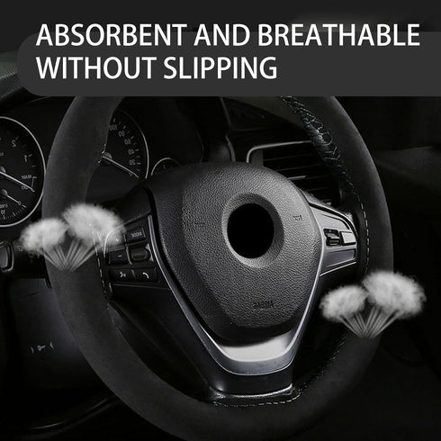 1 PC Car Steering Wheel Cover, 14.9" Suede Nubuck Leather Non-Slip Breathable Hand-Stitched Steering Wheel Protector, Comfortable Grip for All Sea...