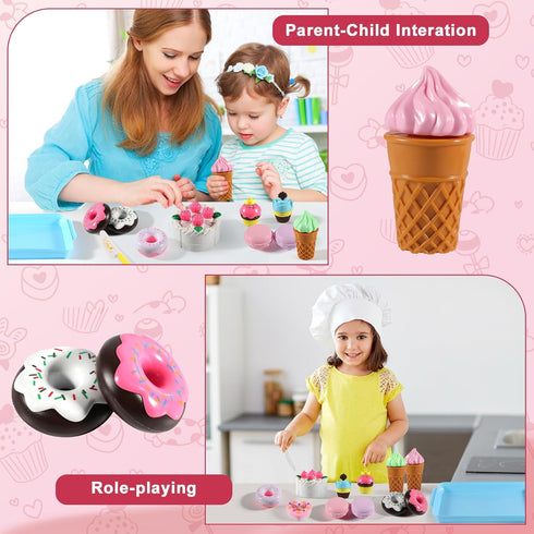 Play Food Sets for Kids Kitchen - Kitchen Accessories for Kids - Toy Food - Pretend Play Plastic Desserts Cake Ice Cream and Donuts - Educational ...