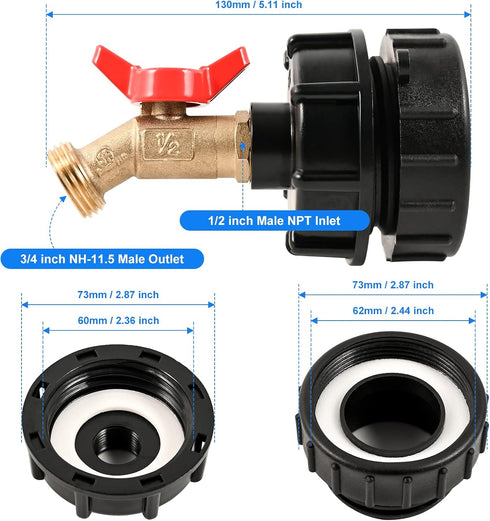IBC Tote Adapter Fittings, 275-330 Gallon IBC Tote Water Tank Adapter, 2.44" Fine Thread IBC Tote Valve Faucet, Brass Garden Hose Connector, IBC T...