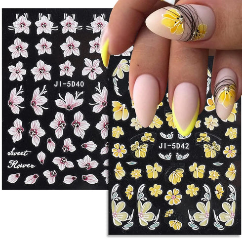 Flower Nail Art Stickers Decals 5D Embossed Spring Nail Decals 3D Self-Adhesive Nail Art Supplies Yellow Pink White Kapok Camellia Design Nail Acc...