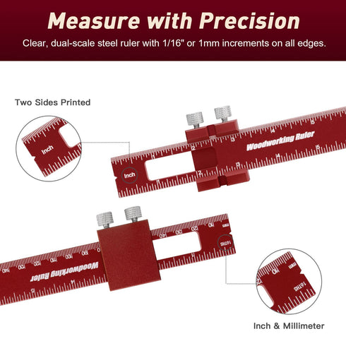 NEMOVA 3Pcs Woodworking Ruler, 6/8/12 Inch Precision Pocket Ruler with Stops, Aluminum Metal Ruler, Inch and Metric Measuring Ruler for Woodworker...