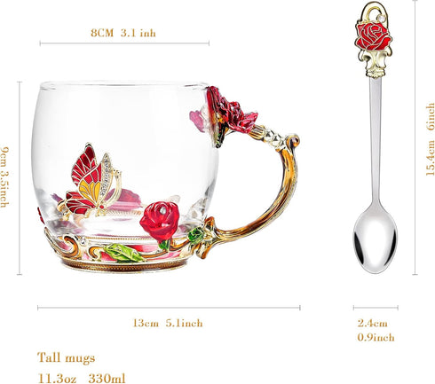 OEAGO Gifts for Mom Women Mothers Day Glass Coffee Enamels Mug Best Birthday Butterfly Rose Gifts for Her from Daughter Son Lead-Free Valentines D...