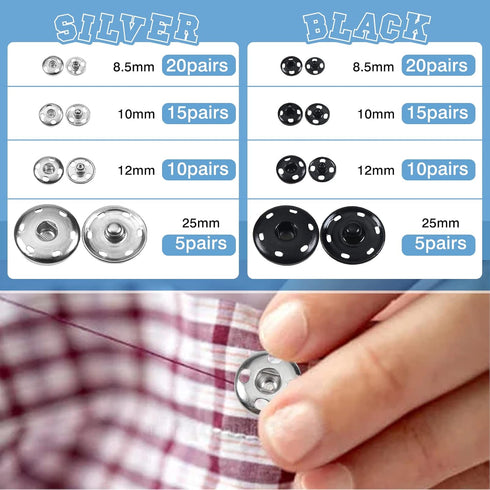 TOAOB 100 Sets Sew on Snap Buttons Brass Snaps Fasteners Press Studs Snap Kit for Sewing Clothing 8.5mm 10mm 12mm 25mm Black and Silver...