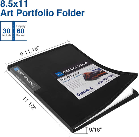 Sooez 30-Pocket Binder with Plastic Sleeves 8.5x11" (Black), Heavy Duty Art Portfolio Folder with Clear Sheet Protectors, Display 60 Pages, Presen...
