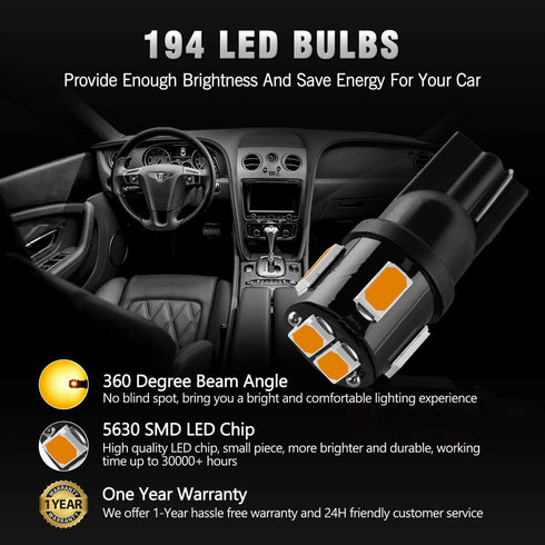 194 LED Bulbs Extremely Bright Amber Yellow 5630 Chipsets 168 2825 175 T10 W5W LED Replacement Bulbs for Car Interior Map Dome Door Courtesy Licen...
