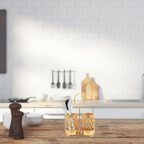 Hemoton Golden Utensils Holder Rotating Metal Utensils Holder Silverware Organizer Cutlery Holder Fork Spoon Flatware Storage Basket for Counterto...