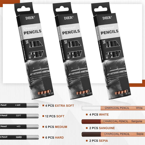 Geyoga 36 Pcs Professional Charcoal Pencils Extra soft, Soft, Medium, Hard, White, Brown for Drawing Charcoal Pencils Drawing Set Pastel Pencils A...