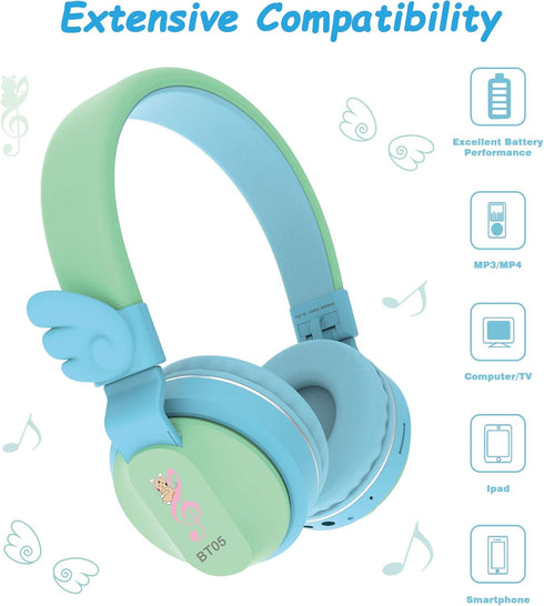 Riwbox BT05 Bluetooth Kids Headphones Wireless Foldable Headset Over Ear with Volume Limited and Mic/TF Card Compatible for iPad/iPhone/Tablet (Gr...
