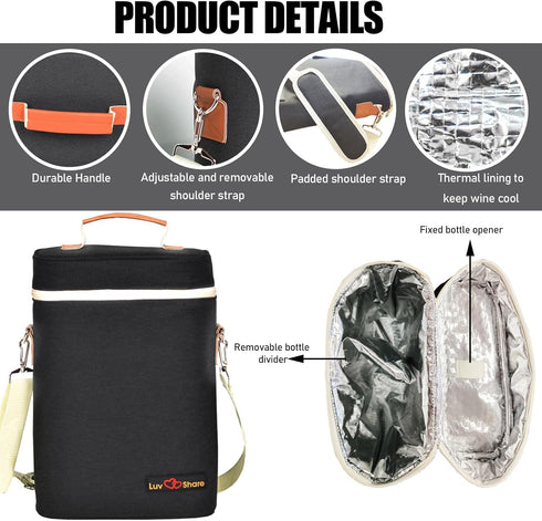 Wine Carrier Tote, Insulated Leakproof Wine Cooler Bag, Wine Travel Bag Tote for Picnic BYOB Restaurant Beach, Padded Portable Wine Bottle Carrier...
