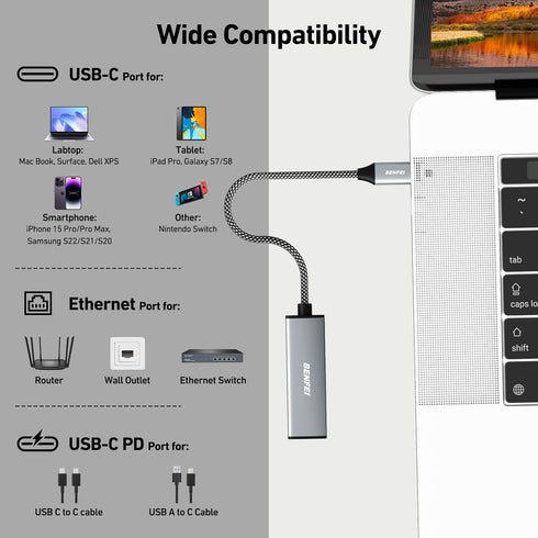 BENFEI USB-C to Ethernet Gigabit Adapter with 100W Power Delivery, Thunderbolt 3/4 to RJ45 Ethernet LAN Network Adapter Compatible with iPhone 15 ...