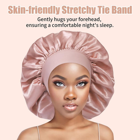 Satin Silk Bonnet Set for Women with Adjustable Soft Tie Band, Double Layer Hair Bonnet for Sleeping, Night Sleep Shower Cap, Cameo Brown...