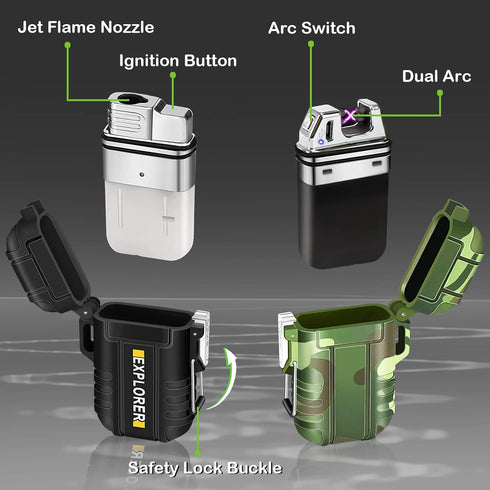 2 Pack Waterproof Lighter Outdoor Windproof Torch Lighter Dual Arc Lighter Butane Electric Lighter USB Rechargeable Lighter Flameless Plasma Light...