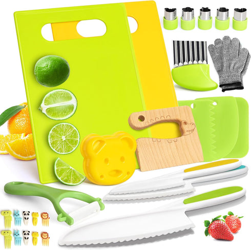 28PCS Toddler Knife Set - Kids Knifes for Real Cooking, Montessori Kids Kitchen Knife Set with Cutting Board Crinkle Cutters Kid Safe Knives, Todd...