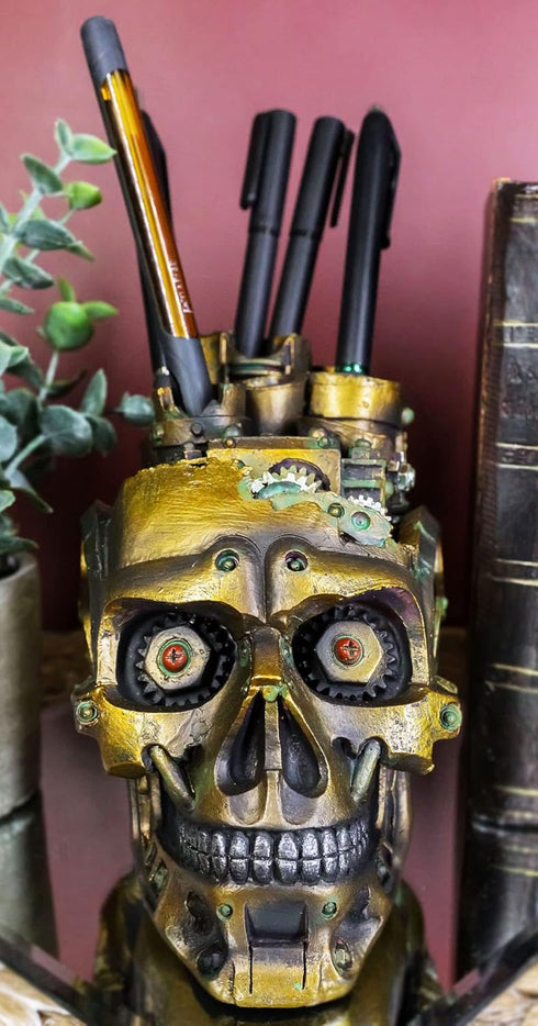 Ebros Gift Mad Max Steampunk Geared Cyborg Robotic Skull Decorative Box Figurine Skull Bowl Container Jewelry Trinket Storage Stash Box Or Pen Mak...