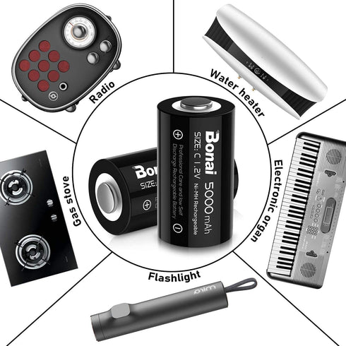 BONAI Rechargeable C Batteries, C Cells 5000mAh 1.2V Ni-MH High Capacity C Size Battery (4 Pack)...
