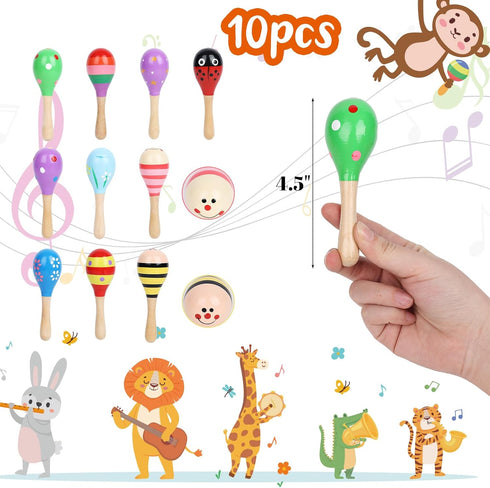 MCPINKY 10PCS Toddler Maracas Toys, Mini Wooden Maracas for Kids Musical Instruments Wooden Shakers Baby Musical Toys Infant Learning Maracas Toys...