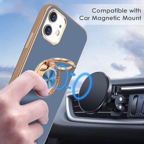 Hython Case for iPhone 12 Case & iPhone 12 Pro Case with Ring Stand, 360° Rotatable Ring Holder Magnetic Kickstand, Shiny Plating Rose Gold Edge S...