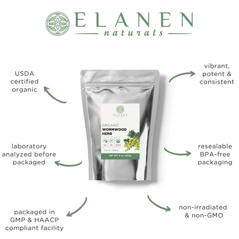 Elanen Naturals Organic Wormwood Herb 8 oz. (227g), USDA Certified Organic Artemisia absinthium, Wormwood Herb Tea, Worm Wood, Ajenjo, Cut & Sifte...