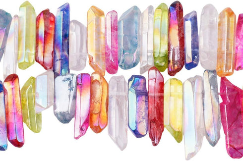TUMBEELLUWA Rock Quartz Crystal Points Loose Beads for Jewelry Making, Titanium Coated Polished/Raw Quartz Beads 15 Inches Top Drilled,Multi-Color...