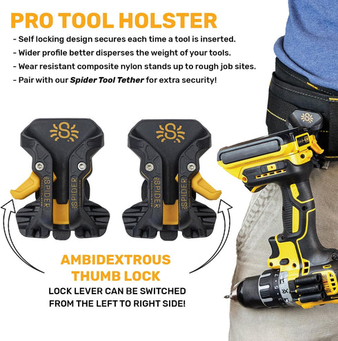 Spider Pro Tool Holster - Upgraded, Self Locking, Quick Draw Universal Tool Holder with Ambidextrous Thumb Lock - Clips Onto Any Belt...