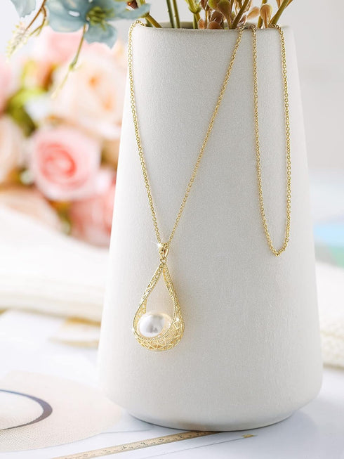 14MM Big Pearl Pendant Necklaces for Women Glod Plated Costume Jewelry...