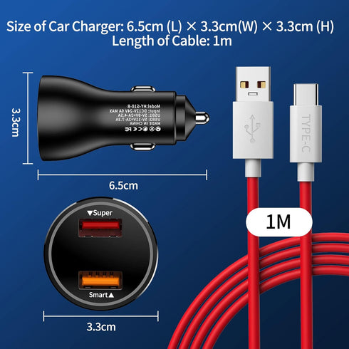 Car Charger SuperVOOC 80W for OnePlus 12R 12 11 10t 10 Pro, SuperVOOC Warp Charger for OnePlus Open Pad Nord 9 Pro 8 7T 6 6T 5 5T LED Display Dual...