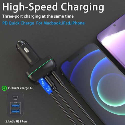 USB C PD Car Charger 60W -3 Port Type C PD 45W?USB-A 12W, Fast Charge Compatible for iPhone, MacBook, iPad Pro, Dell XPS13, Chromebook Pixels, Sam...
