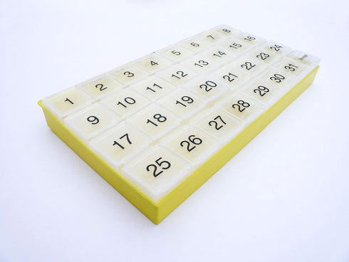 31 compartments, 1 per Day, 4 Week Monthly Pill Organizer by Promed. Includes Tray and 8 Removable compartments. (Yellow)...