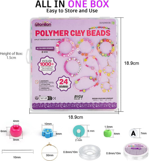 Gionlion 1000PCS Polymer Clay Beads Bracelet Making kit, 24 Style Cute Fun Fruit Flower Rainbow Animal Heart Star Beads Charms for Jewelry Necklac...