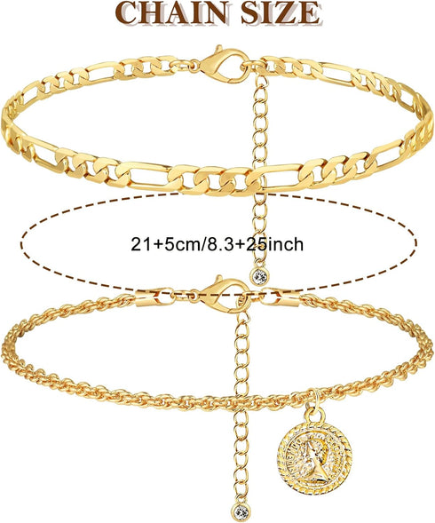 Gold Anklets Bracelets for Women Waterproof 14K Retro Coin Initial Bracelets Layered Birthflower Ankle Adjustable Handmade Cuban Chain Anklet Brac...