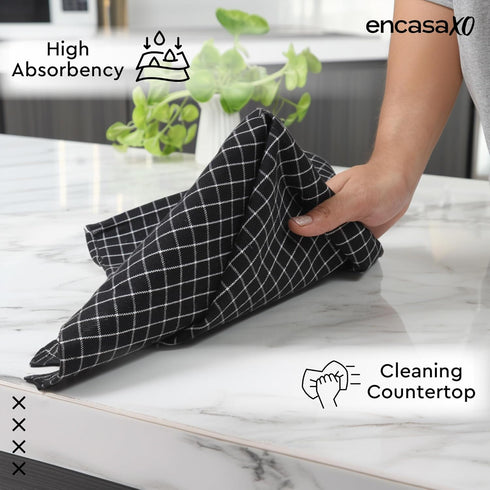 Encasa XO Cotton Kitchen Towel Set | Hand and Tea Cloth for Cleaning & Quick Drying, X-Large 28"x18" (Pack of 4) Highly Absorbent - Butcher Black...