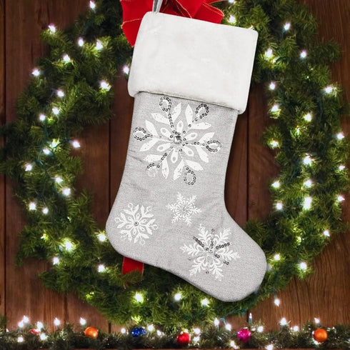 Comfy Hour Let It Snow Collection 18"x11" Silver Snowflake Stocking, Polyester...