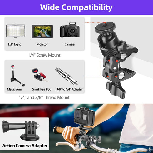 Super Clamp Camera Mount with 360° Ball Head, 1/4" 3/8" Thread, Action Camera Mount, Motorcycle/Bike/Bicycle/Desk/Tripod Pole Mount for Monitor Li...