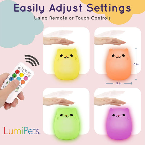 Lumipets Remote Control Silicone Night Light for Kids - Cat Design with 9 Soft Colors & Sleep Timer - Rechargeable, Battery-Operated Lamp for Bedr...